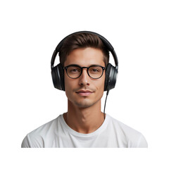 Young Man with Headphones and Glasses Listening to Music