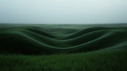 Obraz premium Lush green undulating hills covered with vibrant grass and mist