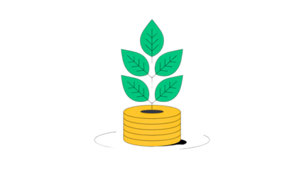 plant growing from coins isolated on a transparent background.