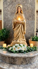 A serene statue virgin stands gracefully holding candles on an altar adorned with flowers and greenery
