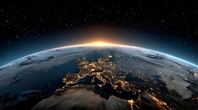 Earth from space at night with the sunrise approaching over europe and stars above