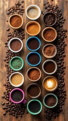 Overhead shot of various coffee preparations in small cups and bowls, surrounded by coffee beans on a wood surface