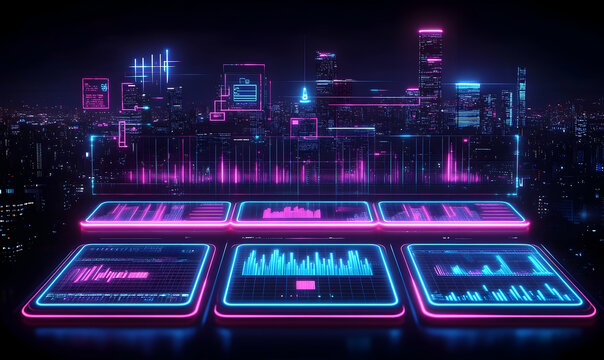 Neon Cityscape Data Visualization: Futuristic Interface with Glo
