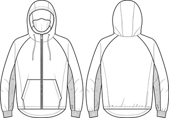 Men's and Women's Technical Hoodie Flat Sketch with Built-in Mask, Raglan Sleeves, and Front Pouch Pocket for Apparel Design, Fashion Illustration, and Product Development, Vector Template.