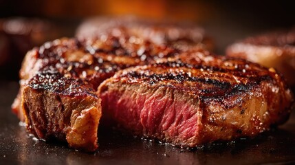 Juicy medium-rare ribeye steak, perfectly grilled. A celebration of rich flavors and culinary mastery.