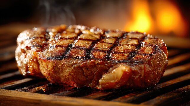 Juicy medium-rare ribeye steak, perfectly grilled. A celebration of rich flavors and culinary mastery.