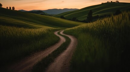 Obraz premium Winding road through lush green hills during a golden sunset