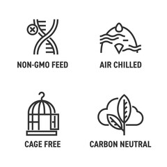 Chicken meat icons - Air chilled, Non-GMO feed, Carbon neutral, Cage free, in bold line