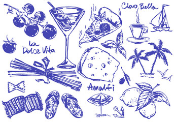 Italian summer vacation doodle style illustrations.