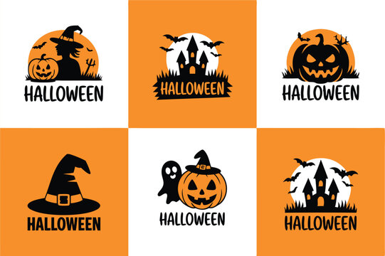 Six Halloween Graphics Witch, Haunted House, Pumpkins, Bats, and Ghosts on an Orange and White Background