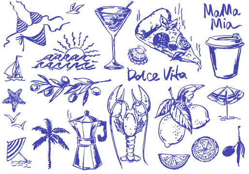 Italian vacation themed hand drawn graphics