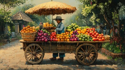 Street Vendor's Bounty: A vivid painting capturing the charm of a fruit vendor's cart overflowing with vibrant produce, creating a scene of a warm sunny day.