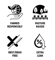 Beef quality icons - Farmed responsibly, Pasture raised, antibiotics free, Extra lean