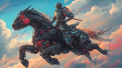 Cybernetic Knight on Mechanical Steed: A futuristic knight clad in cybernetic armor charges on a mechanical horse through a surreal sky of ethereal clouds.