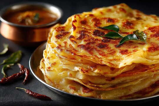 Layered Parottas Served With Spicy Curry On Steel Plate, Glowing With Ghee