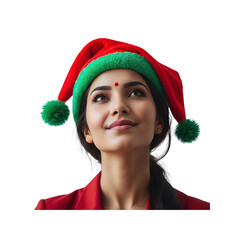 Hopeful Young Woman in Santa Hat, Christmas Spirit, Multicultural Holiday