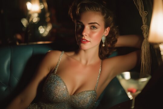 Retro Hollywood Starlet Reclines In Gown Beside Martini Under Studio Lights
