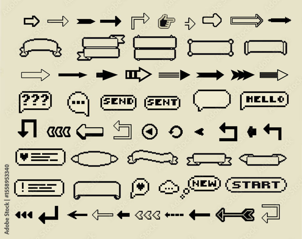 Poster pixel art frames. retro 8 bit buttons, arrows, speech bubble messages and quote frame. game ui vecto