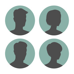 Round icons with abstract women and men faceless avatars, portraits. Set of female and male face silhouettes icons. Vector illustration
