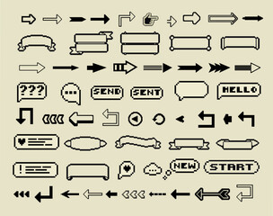 Pixel art frames. Retro 8 bit buttons, arrows, speech bubble messages and quote frame. Game UI vector template set of pixel game frame, 8 bit message illustration