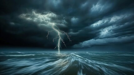 Lightning strikes the ocean during a violent and stormy weather event