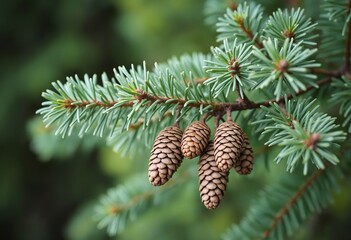 Close-up of fir cones on a branch. Branch of a coniferous tree with cones
