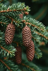 Close-up of fir cones on a branch. Branch of a coniferous tree with cones