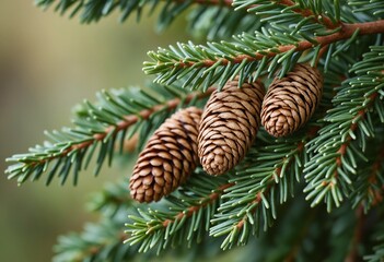 Close-up of fir cones on a branch. Branch of a coniferous tree with cones