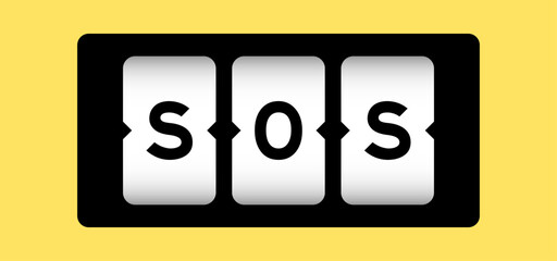 Black color in word SOS (abbreviation of save our soul/ship or sibling over shoulder) on slot banner with yellow color background
