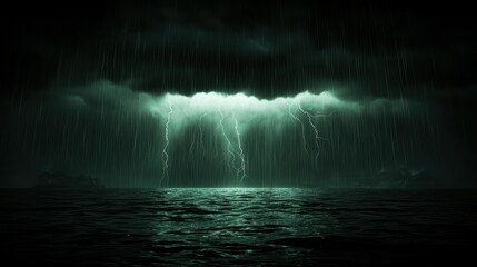 A stormy seascape depicts lightning and rain over dark ocean waters