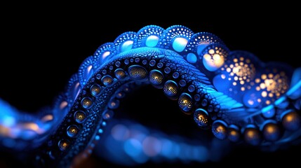 A vibrant glowing blue and gold tentacle in the darkness