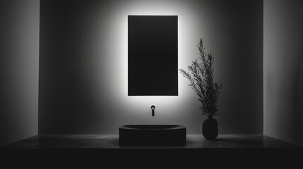 A modern bathroom with a minimalistic illuminated mirror and sink