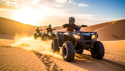 ATVs Riding Through Desert Dunes at Sunset.
