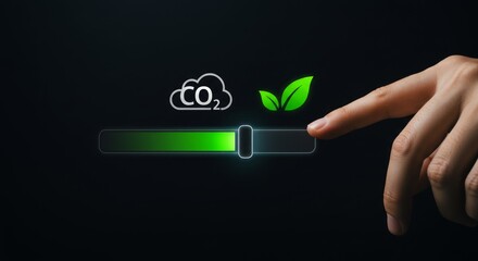 Hand adjusting a digital slider, showing CO2 reduction and a green leaf symbol
