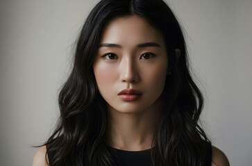 Fototapeta premium A young asian woman with long dark hair looks directly at the camera in a simple portrait