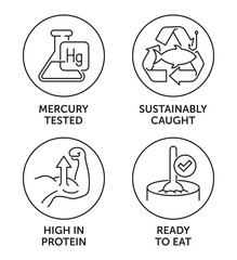 Fish can icons - Sustainably caught, Mercury tested, Ready-to-eat, High protein. in thin line and circle shape