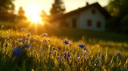 Golden hour illuminates flowers and a house in a field