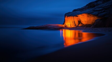 A striking image of illuminated cliffs reflecting on tranquil water