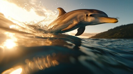 A playful dolphin leaping out of the ocean at sunset