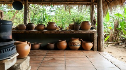 Rustic Pottery Display in Open-Air Kitchen: A collection of handcrafted pottery, arranged artfully on a wooden shelf within an open-air kitchen.