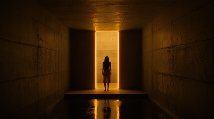 A person stands before illuminated opening in a dark enclosure