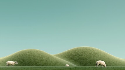 Sheep graze peacefully on green grassy hills beneath a clear sky