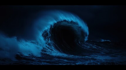 A large ocean wave is crashing powerfully in the dark
