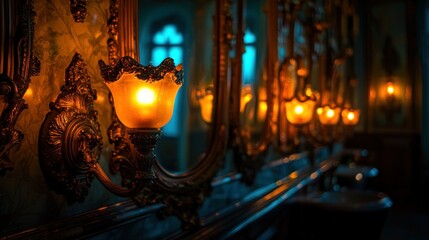 The warm glow of sconce lights reflects on mirrors