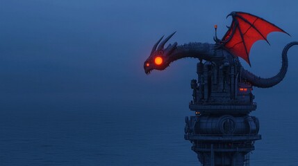 A detailed view of a mechanical dragon on a tall structure