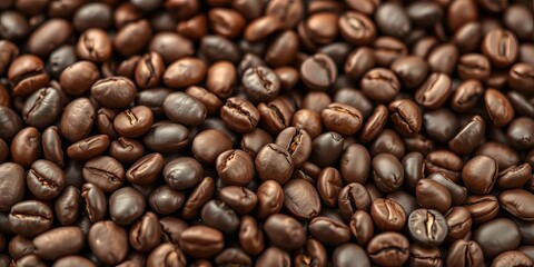 Fototapeta premium Close-up of aromatic, freshly roasted coffee beans, rich brown hues, highlighting texture and detail, fresh, coffee banner