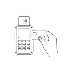 Hand with a bank card near POS terminal, contactless payment concept, black outline, vector illustration Outline NFC payment terminal vector icon for web design isolated on white background