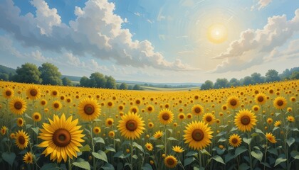 Fototapeta premium Golden Sunflower Field Under Sunny Blue Sky with Clouds