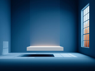 Fototapeta premium Elevated Perspective: A modern, minimalist interior space is bathed in monochromatic blue, featuring a floating platform and geometric play of light, evoking a sense of tranquility and openness.