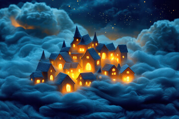 Castle in clouds with full moon.